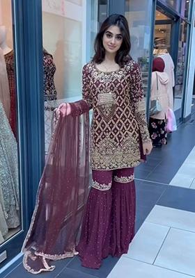 Wine Embroidered Georgette Sharara Set