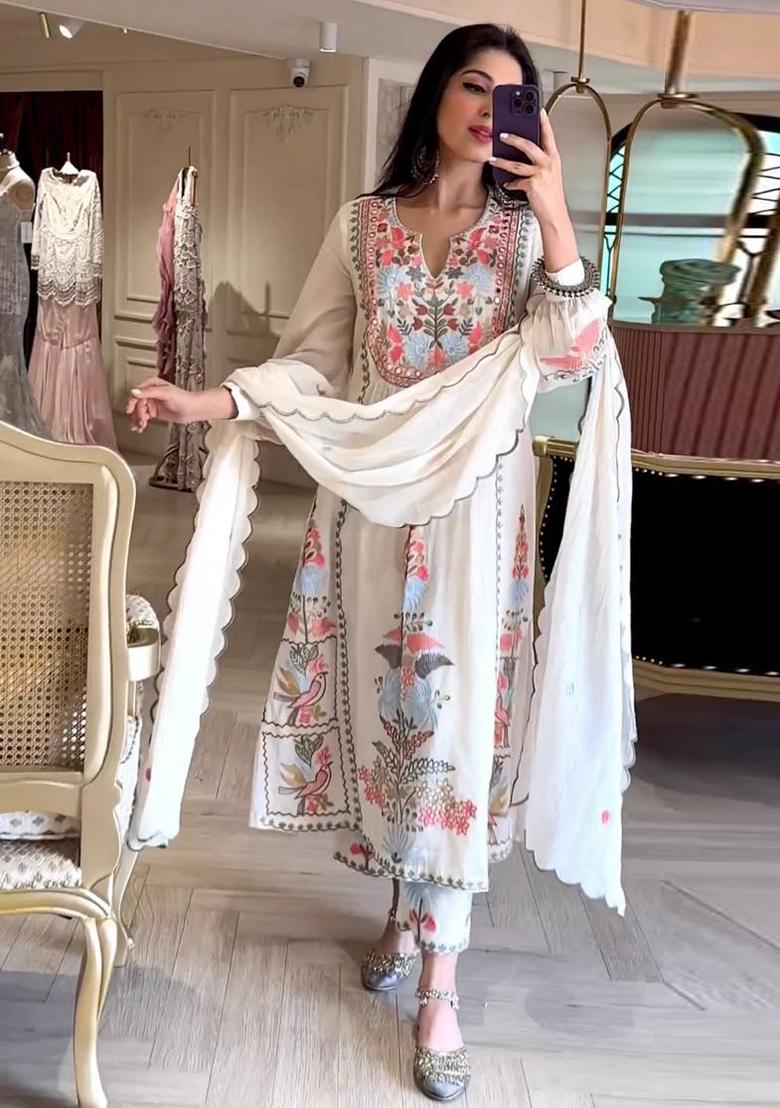 Off White Embroidered Georgette Salwar Kameez