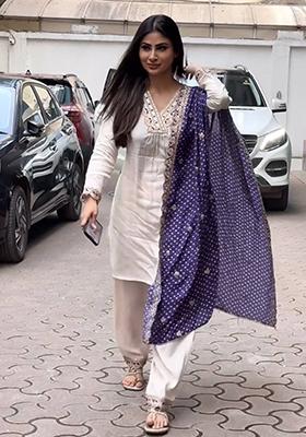 Off White Embroidered Satin Salwar Kameez