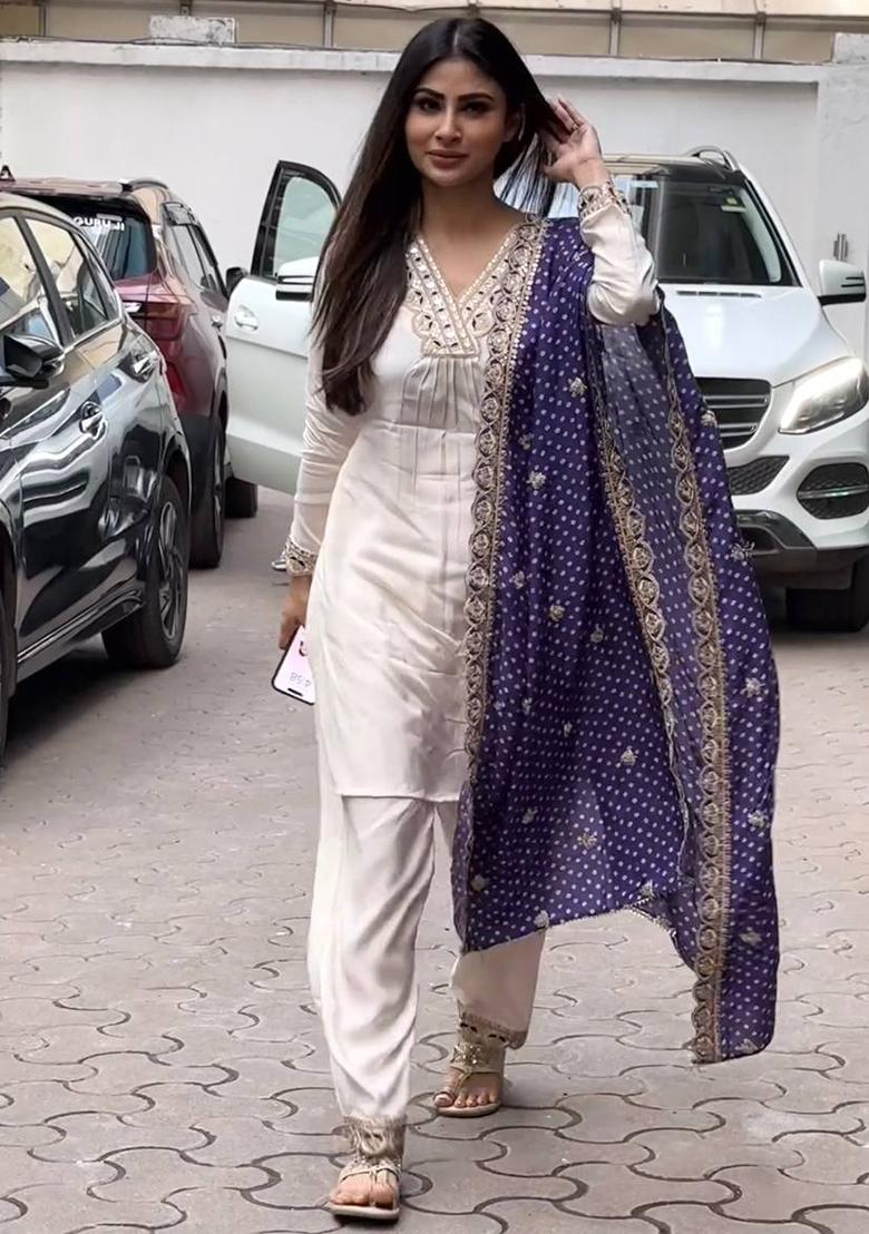 Off White Embroidered Satin Salwar Kameez