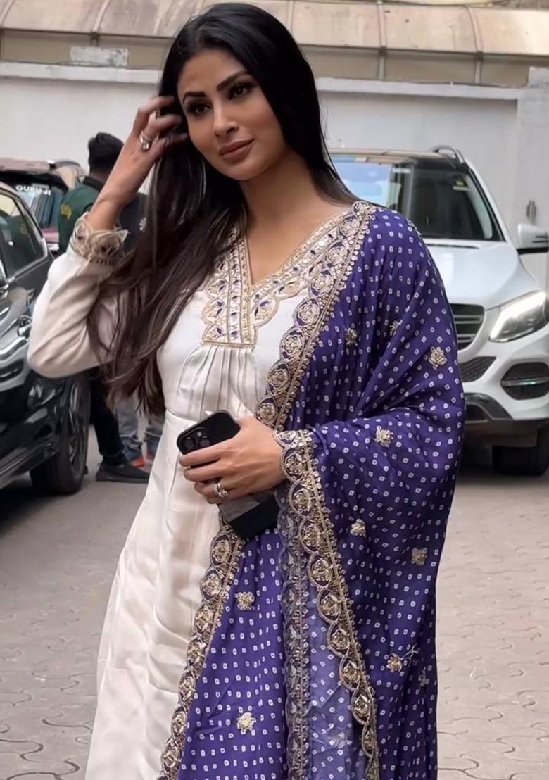 Off White Embroidered Satin Salwar Kameez