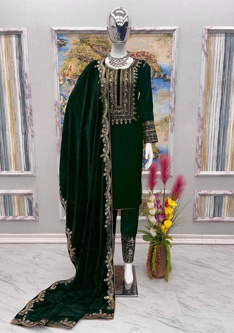 Dark Green Embroidered Viscose Salwar Kameez