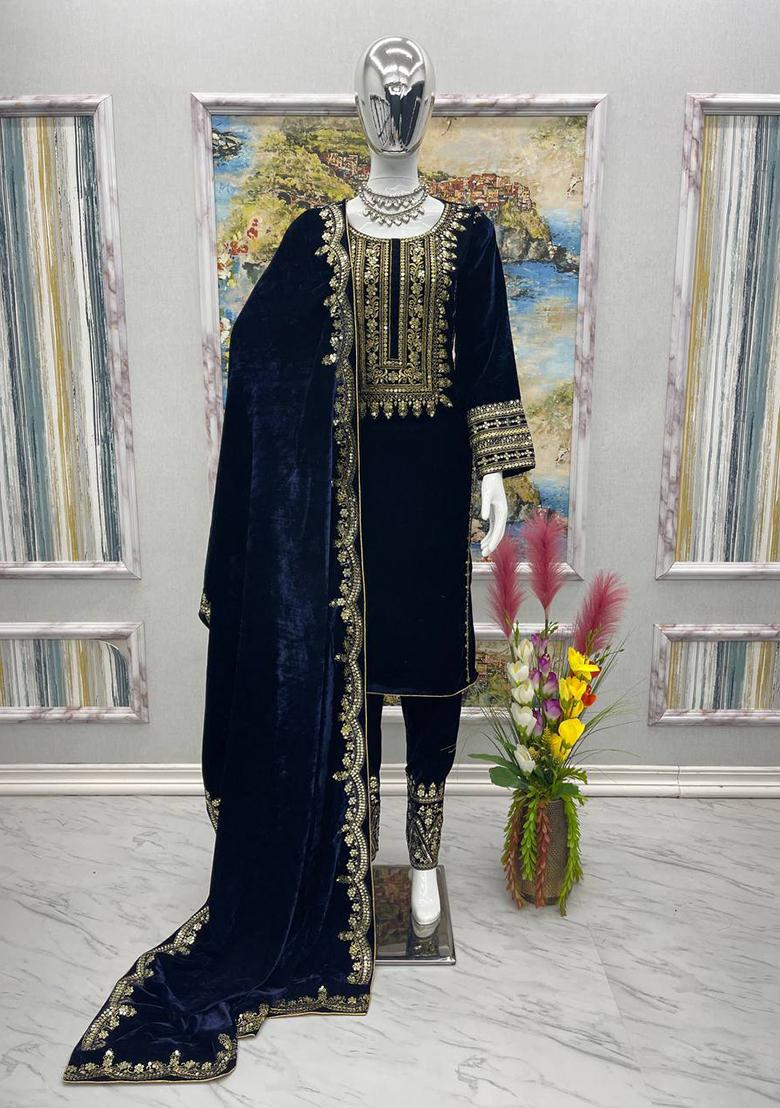 Navy Blue Embroidered Viscose Salwar Kameez