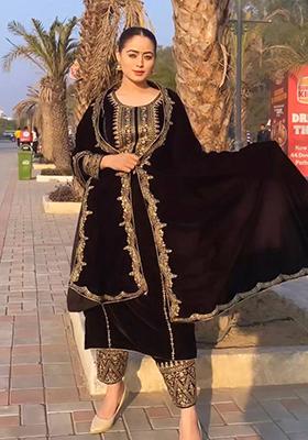 Wine Embroidered Viscose Salwar Kameez