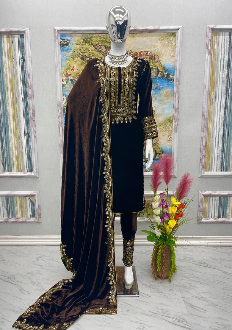 Wine Embroidered Viscose Salwar Kameez