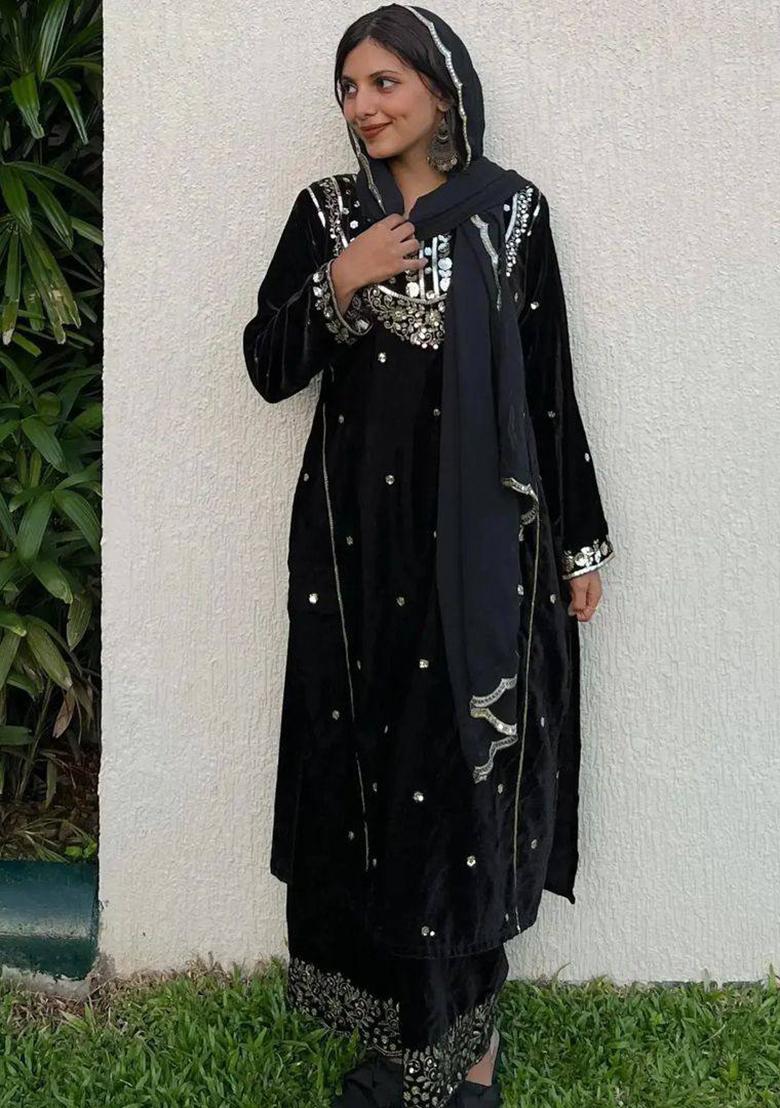 Black Embroidered Viscose Palazzo Set