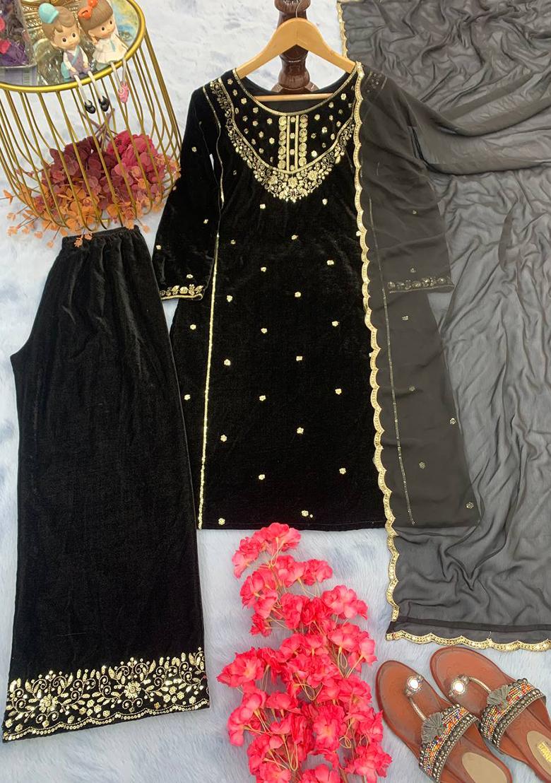 Black Embroidered Viscose Palazzo Set