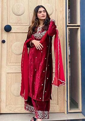 Maroon Embroidered Viscose Palazzo Set