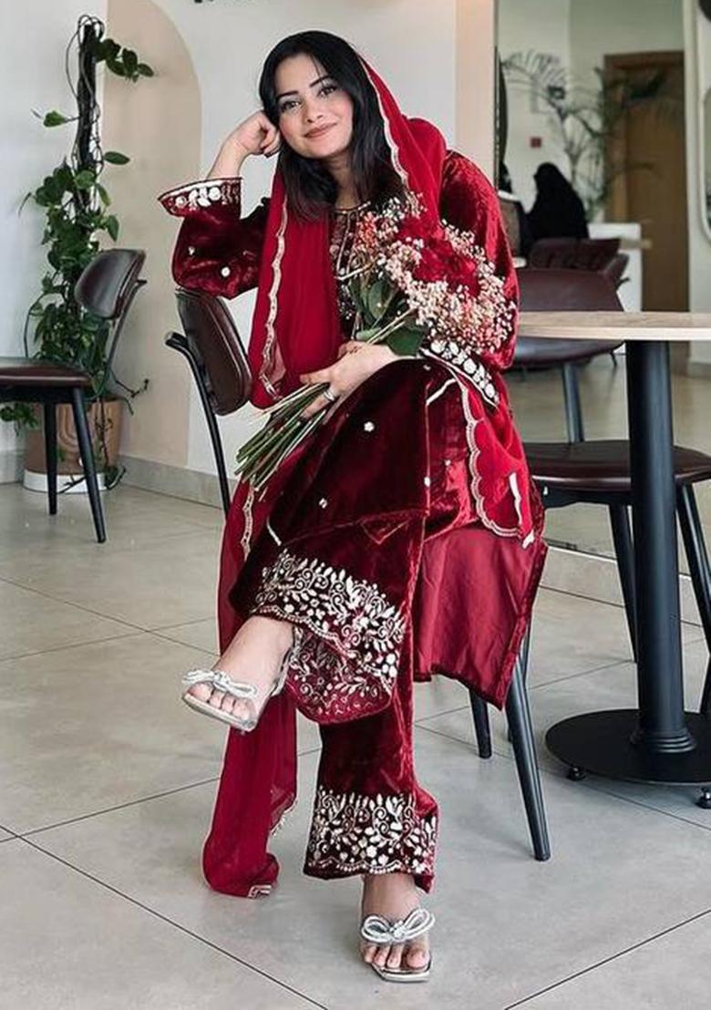 Maroon Embroidered Viscose Palazzo Set