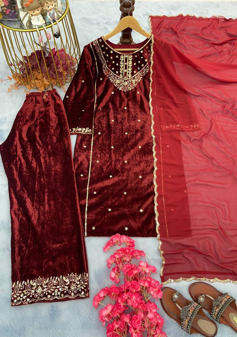 Maroon Embroidered Viscose Palazzo Set