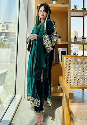 Dark Green Embroidered Viscose Salwar Kameez