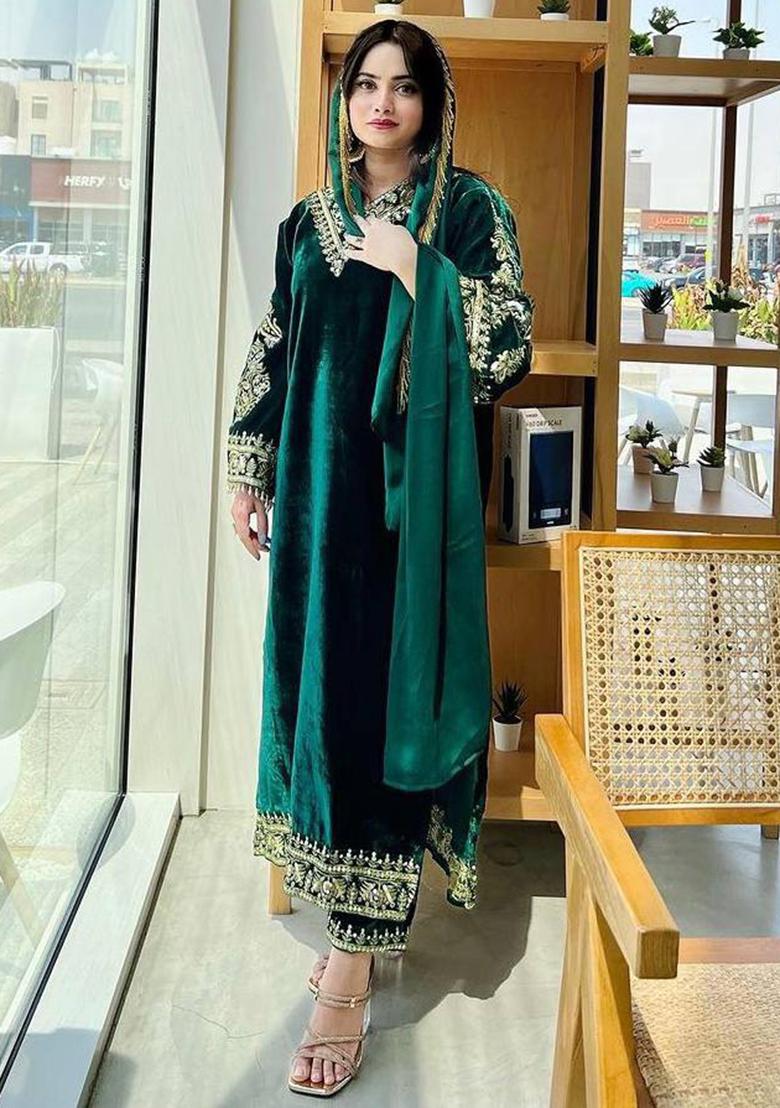 Dark Green Embroidered Viscose Salwar Kameez