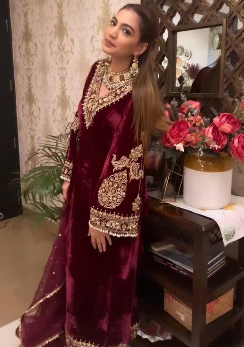 Maroon Embroidered Viscose Salwar Kameez