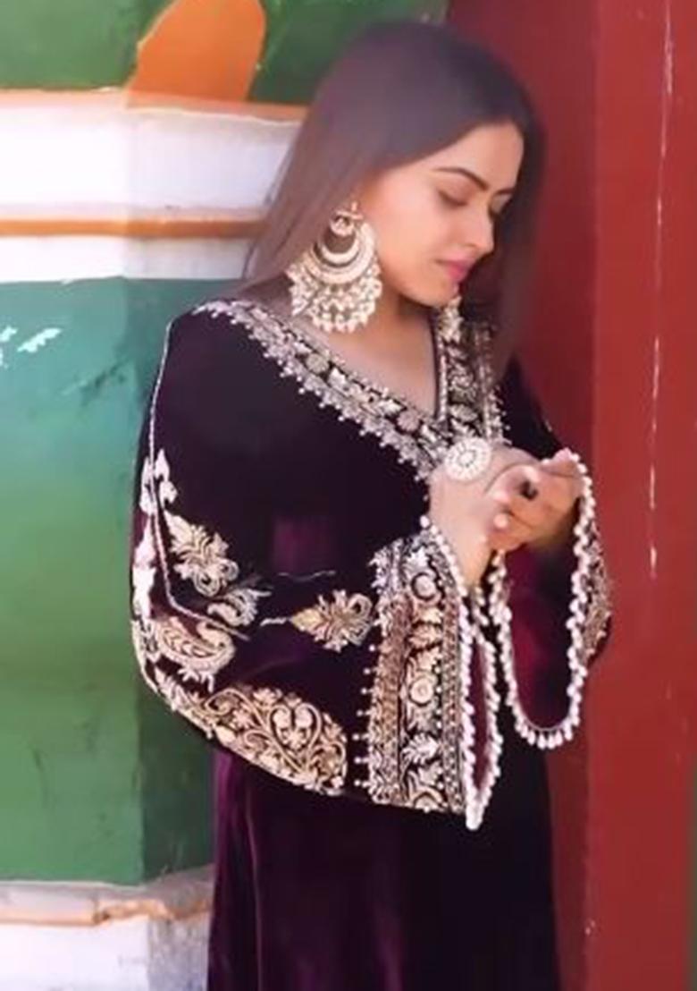 Wine Embroidered Viscose Salwar Kameez