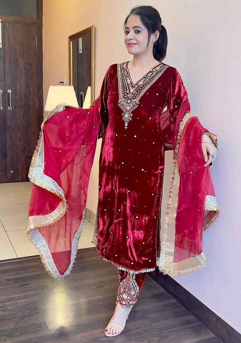Maroon Embroidered Viscose Salwar Kameez