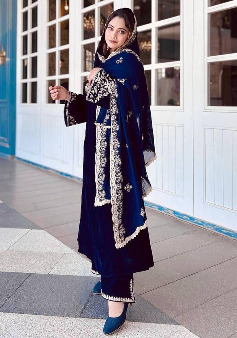 Navy Blue Embroidered Viscose Palazzo Set