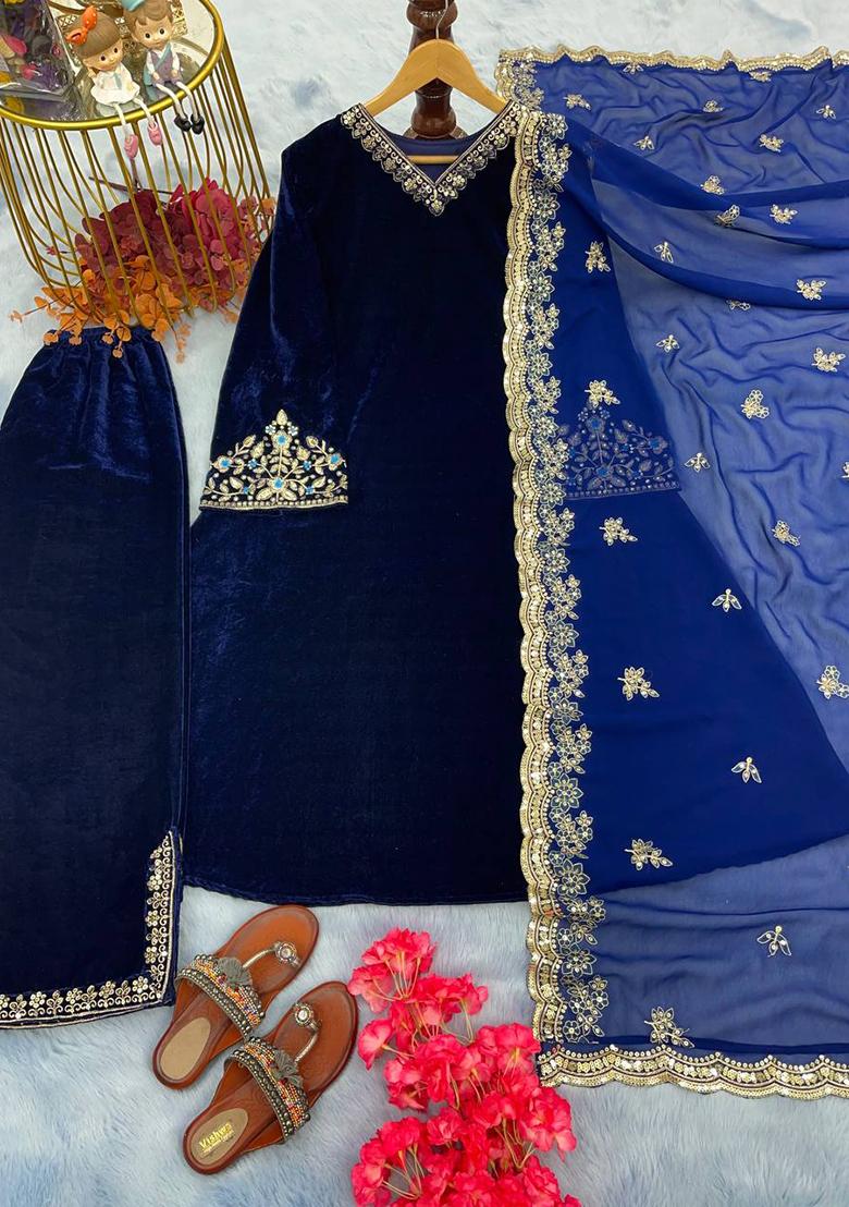 Navy Blue Embroidered Viscose Palazzo Set