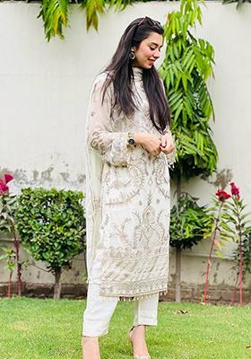 Off White Embroidered Georgette Salwar Kameez