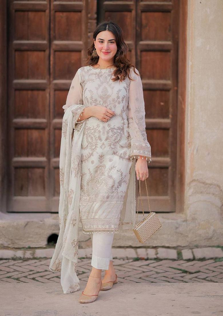 Off White Embroidered Georgette Salwar Kameez