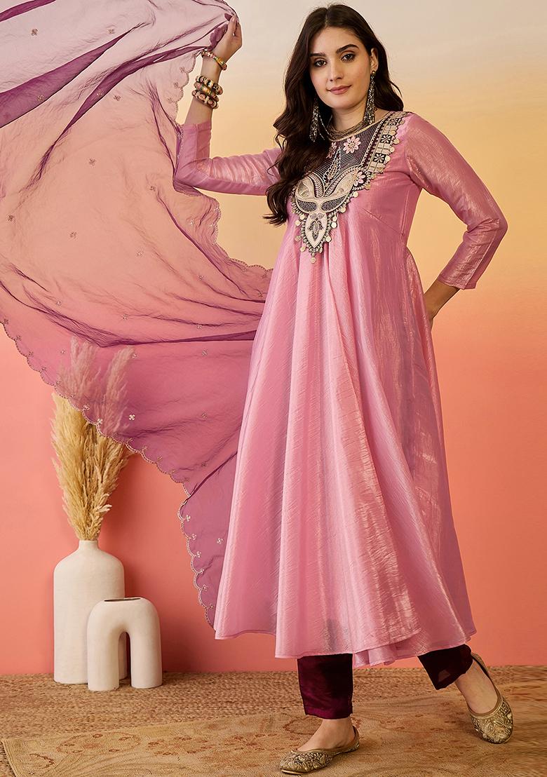 Light Pink Embroidered Silk Anarkali Set