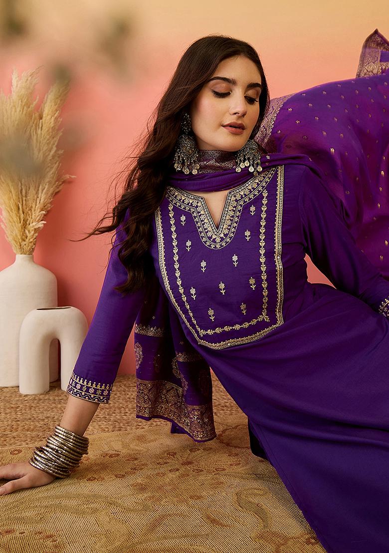 Purple Embroidered Silk Salwar Kameez