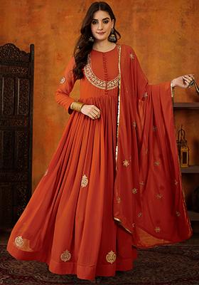 Orange Embroidered Georgette Anarkali Set