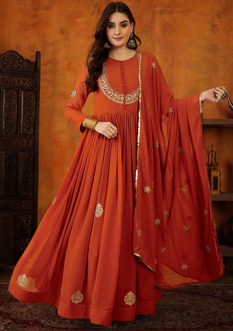 Orange Embroidered Georgette Anarkali Set - Indya