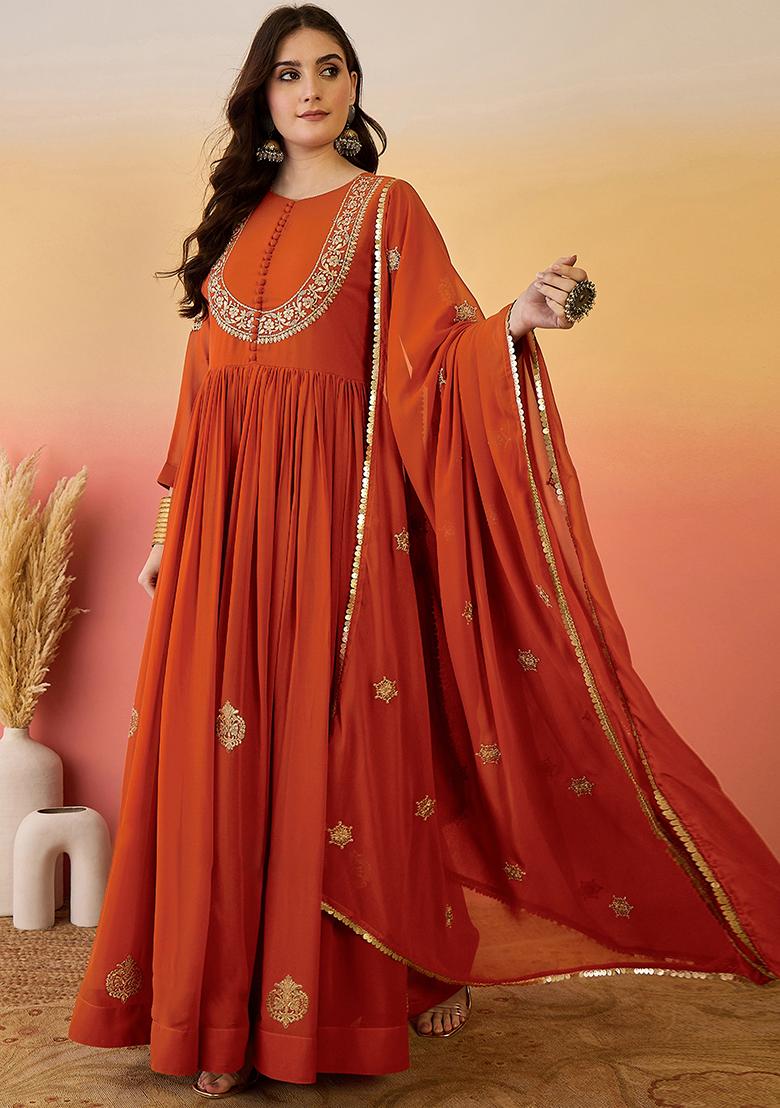 Orange Embroidered Georgette Anarkali Set