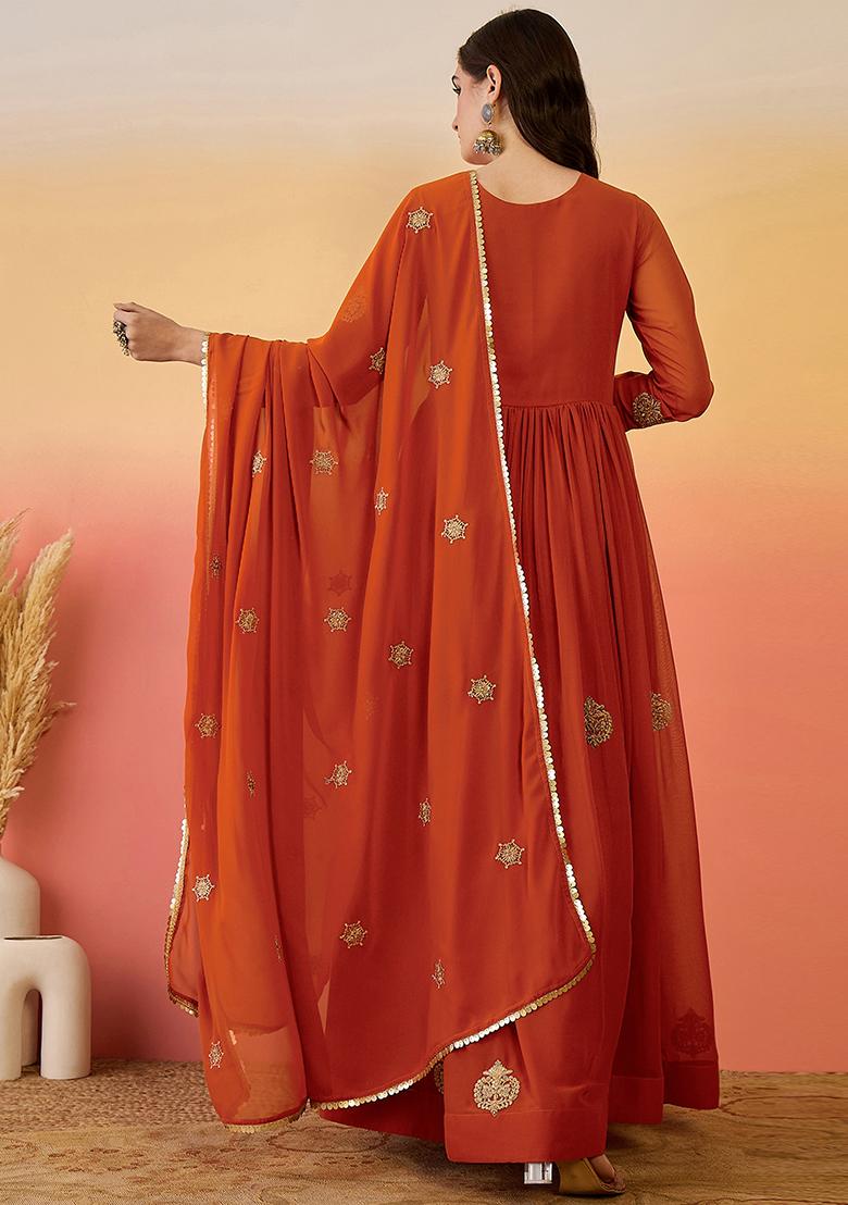 Orange Embroidered Georgette Anarkali Set