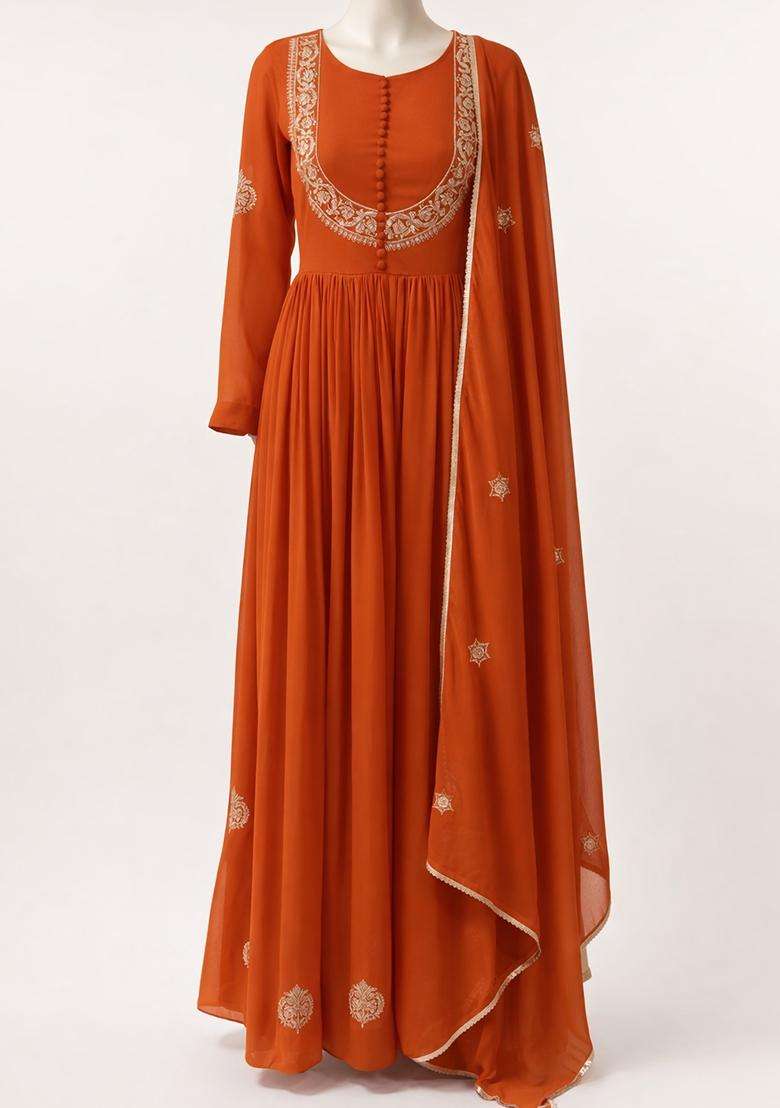 Orange Embroidered Georgette Anarkali Set - Indya