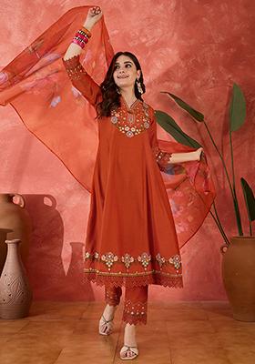 Orange Embroidered Silk Anarkali Set