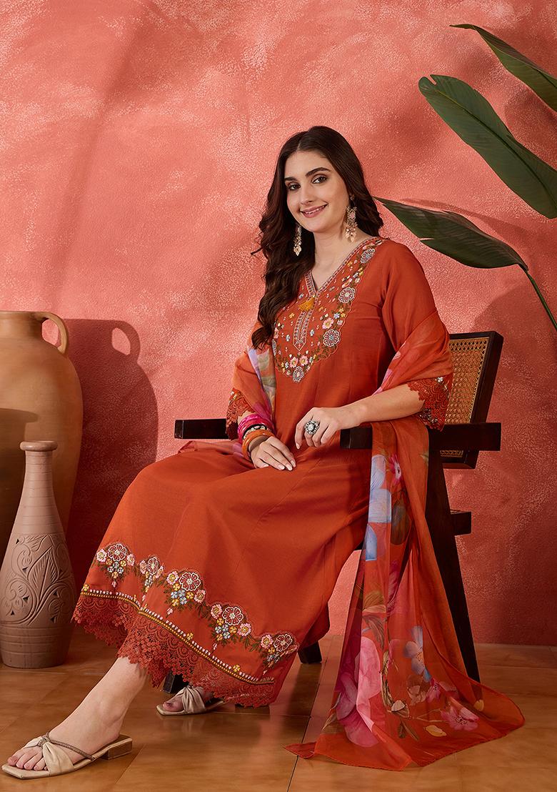Orange Embroidered Silk Anarkali Set