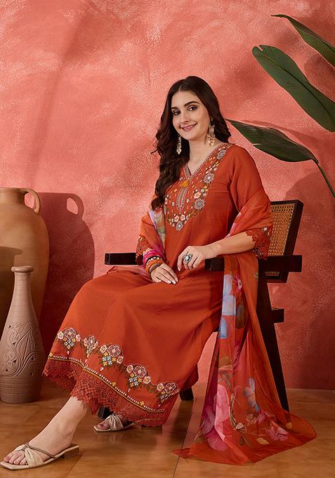 Orange Embroidered Silk Anarkali Set