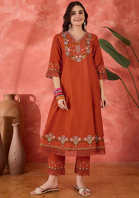 Orange Embroidered Silk Anarkali Set
