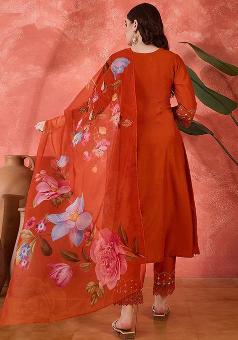 Orange Embroidered Silk Anarkali Set
