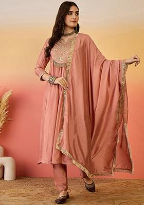 Peach Embroidered Vichitra Salwar Kameez