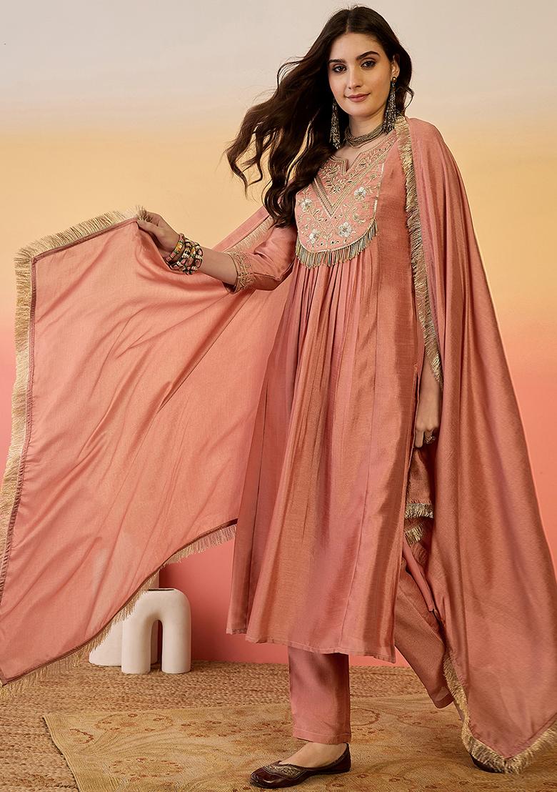 Peach Embroidered Vichitra Salwar Kameez