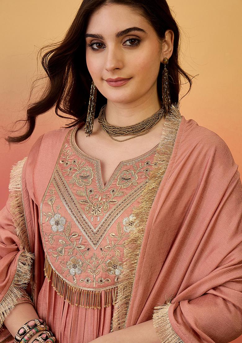 Peach Embroidered Vichitra Salwar Kameez