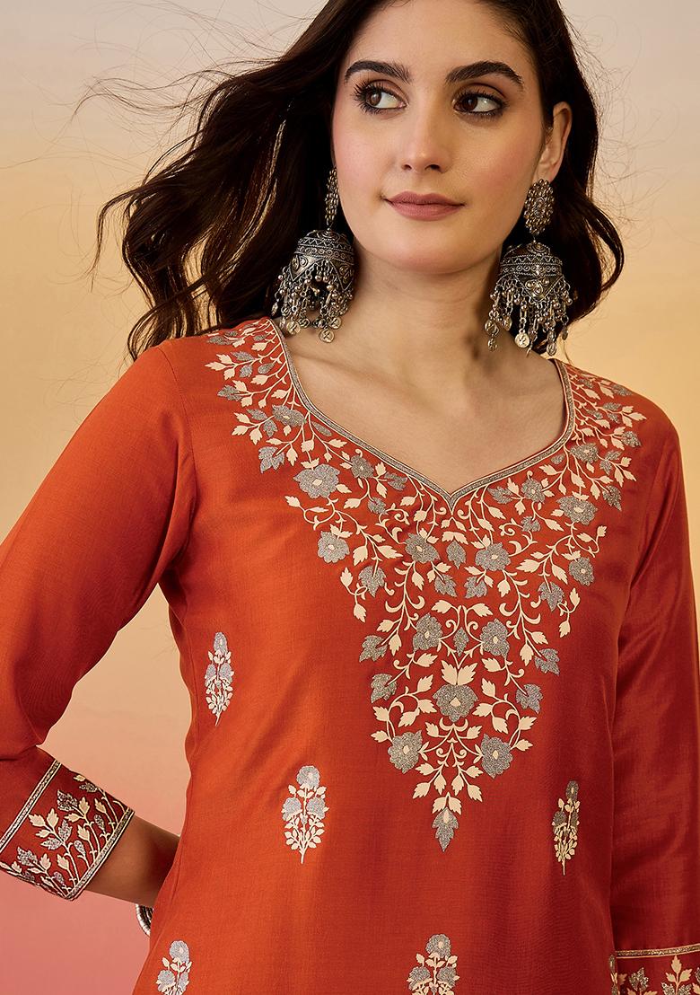 Orange Foil Print Silk Salwar Kameez