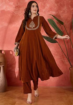 Rust Brown Embroidered Velvet Salwar Kameez