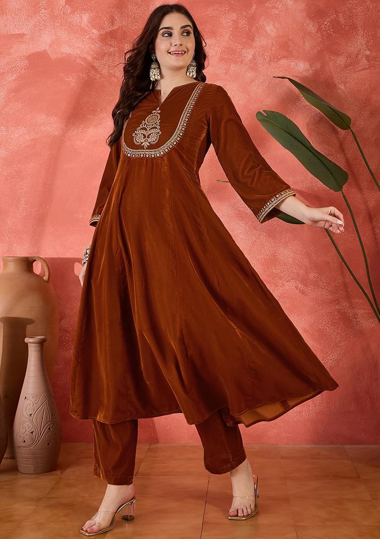 Rust Brown Embroidered Velvet Salwar Kameez