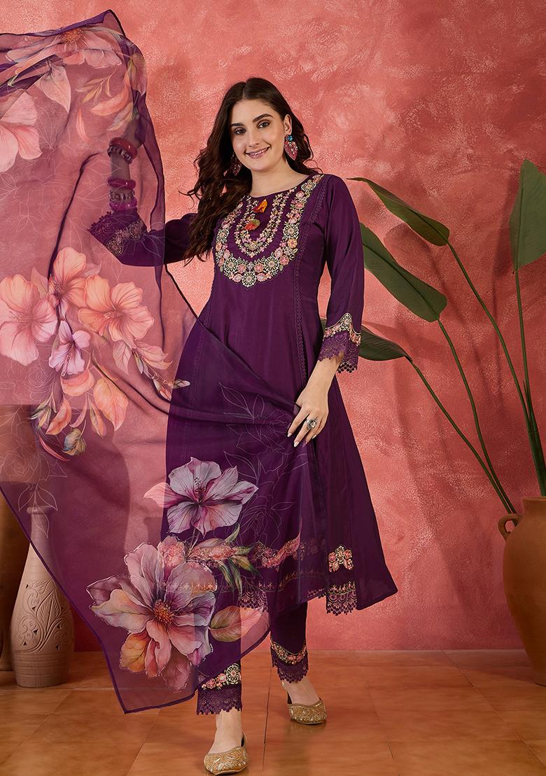 Wine Embroidered Silk Salwar Kameez