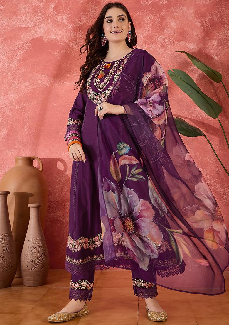 Wine Embroidered Silk Salwar Kameez