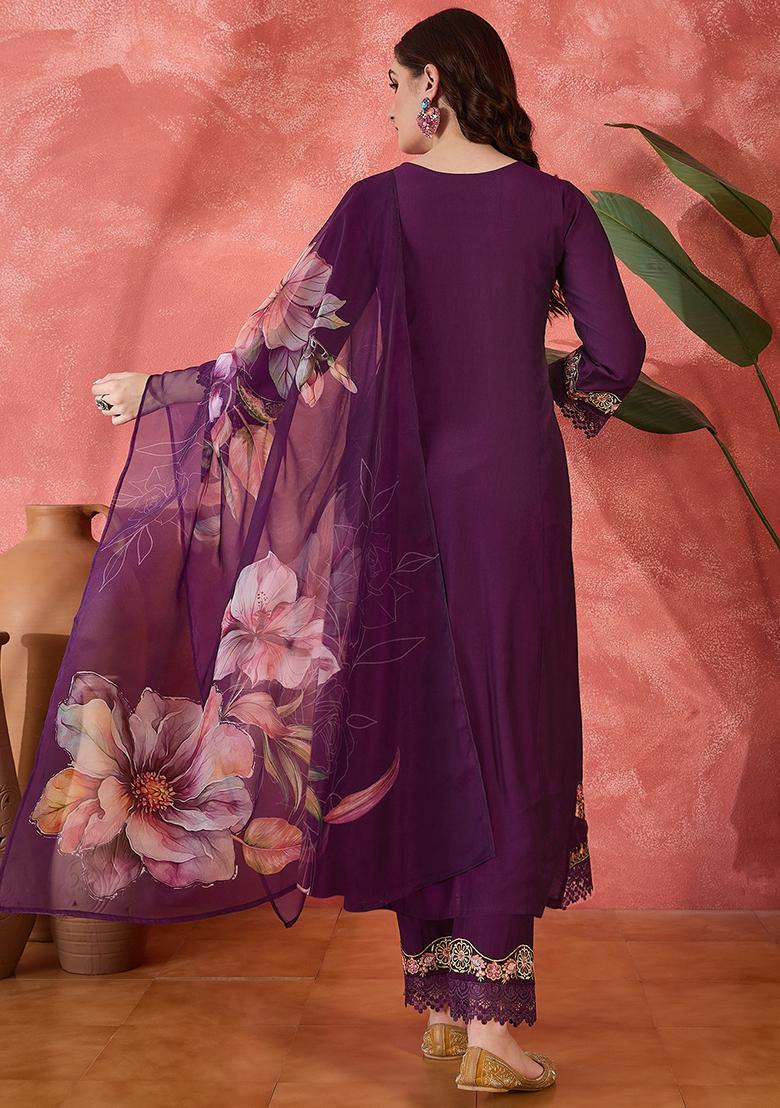 Wine Embroidered Silk Salwar Kameez