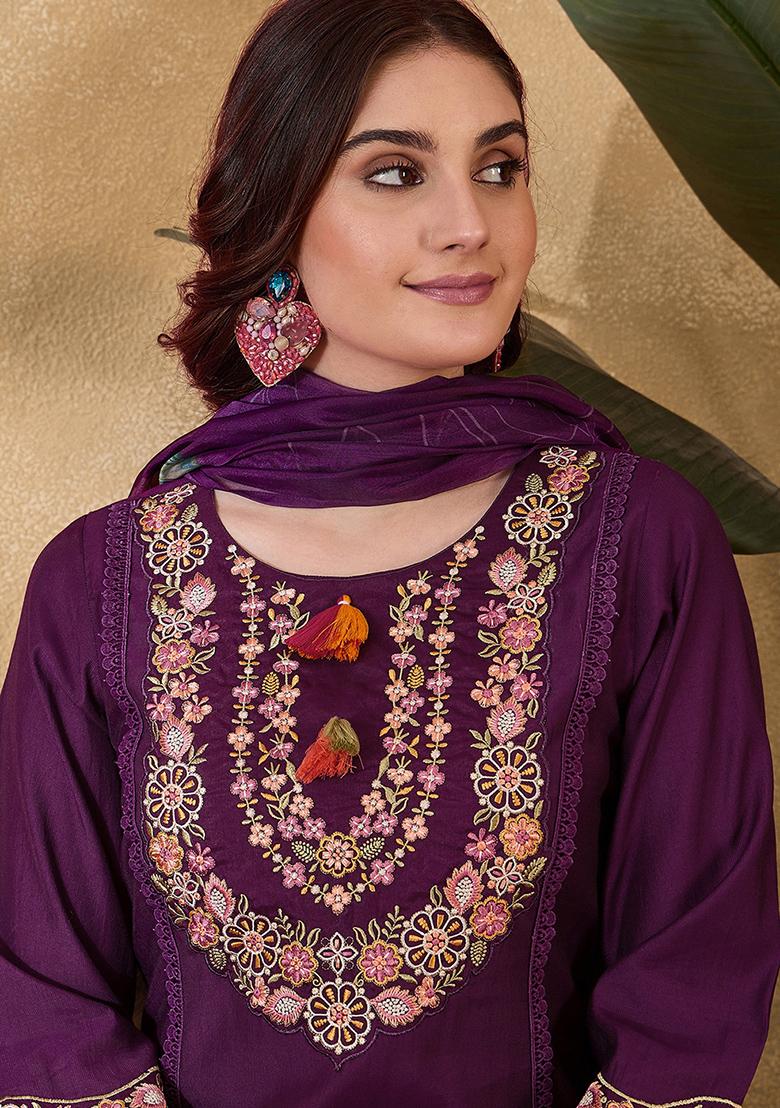 Wine Embroidered Silk Salwar Kameez