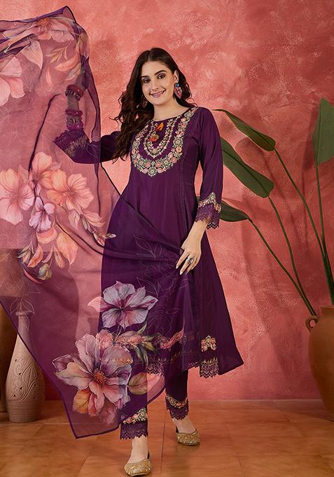 Wine Embroidered Silk Salwar Kameez