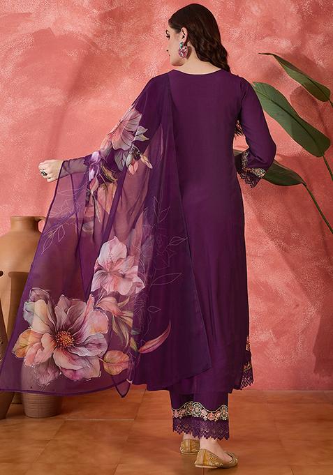 Wine Embroidered Silk Salwar Kameez