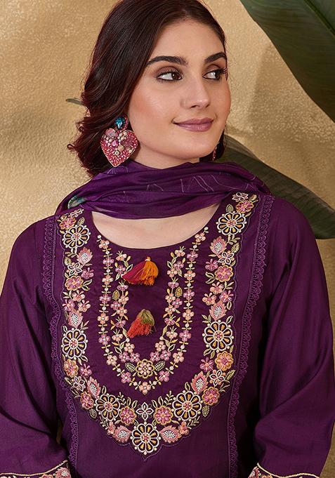 Wine Embroidered Silk Salwar Kameez