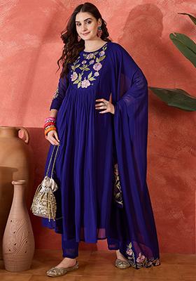 Royal Blue Embroidered Cotton Anarkali Set