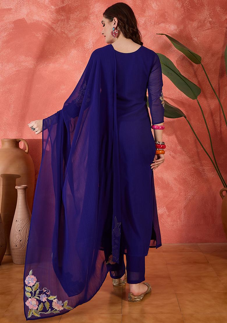 Royal Blue Embroidered Cotton Anarkali Set